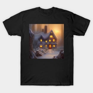 Magical Fantasy Cottage with Lights In A Snowy Scene, Scenery Nature T-Shirt